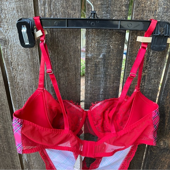 Victoria’s Secret Wicked Unlined Bow Balconette Teddy NWT In Red Plaid Sz XL - Picture 9 of 16